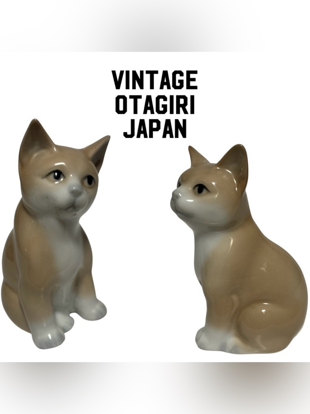 Vintage Otagiri Japan White Tan Cat Kitten Figurines (2) 4" Tall EUC